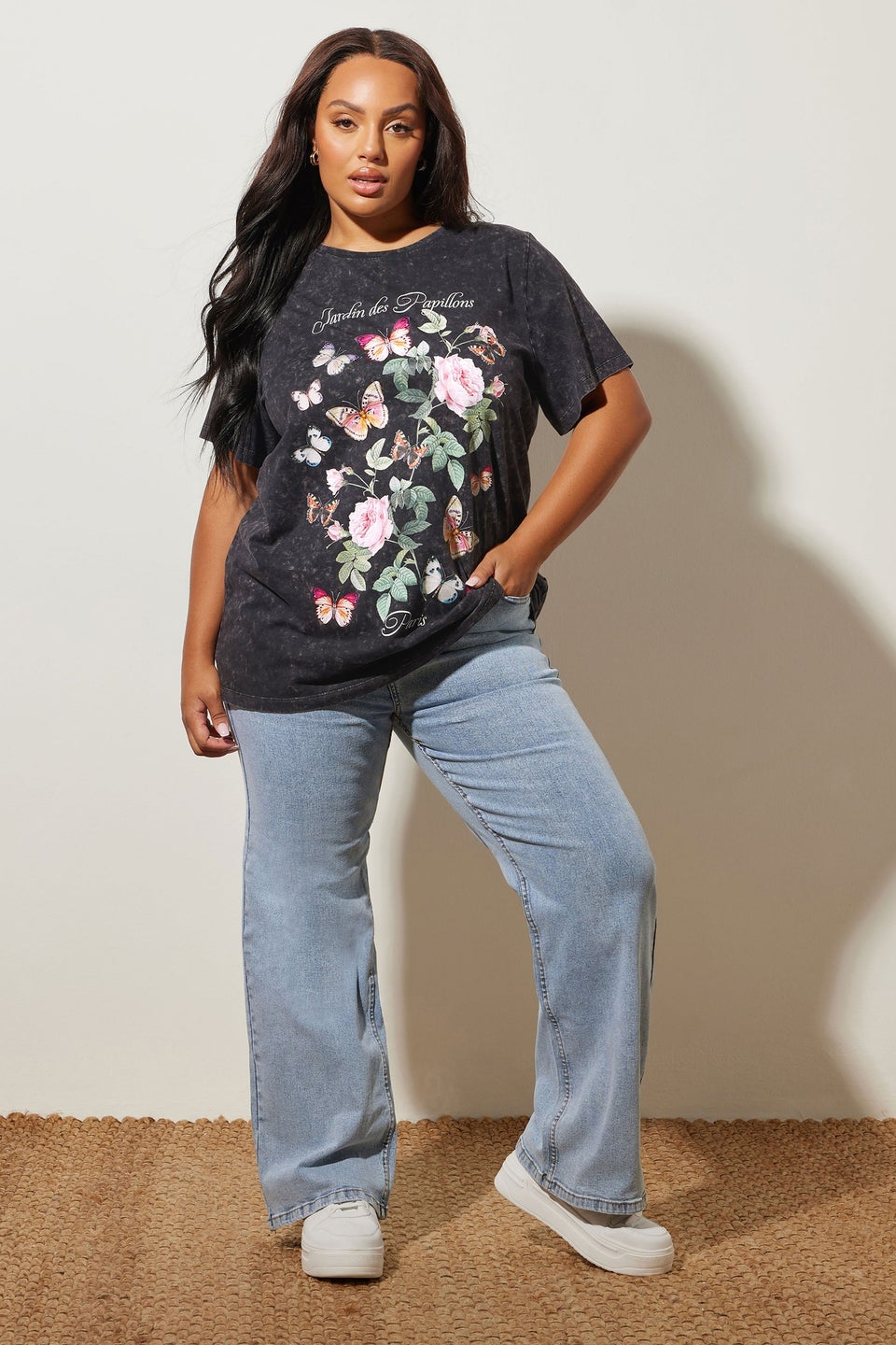 Yours Curve Grey Acid Wash Floral Slogan T-Shirt