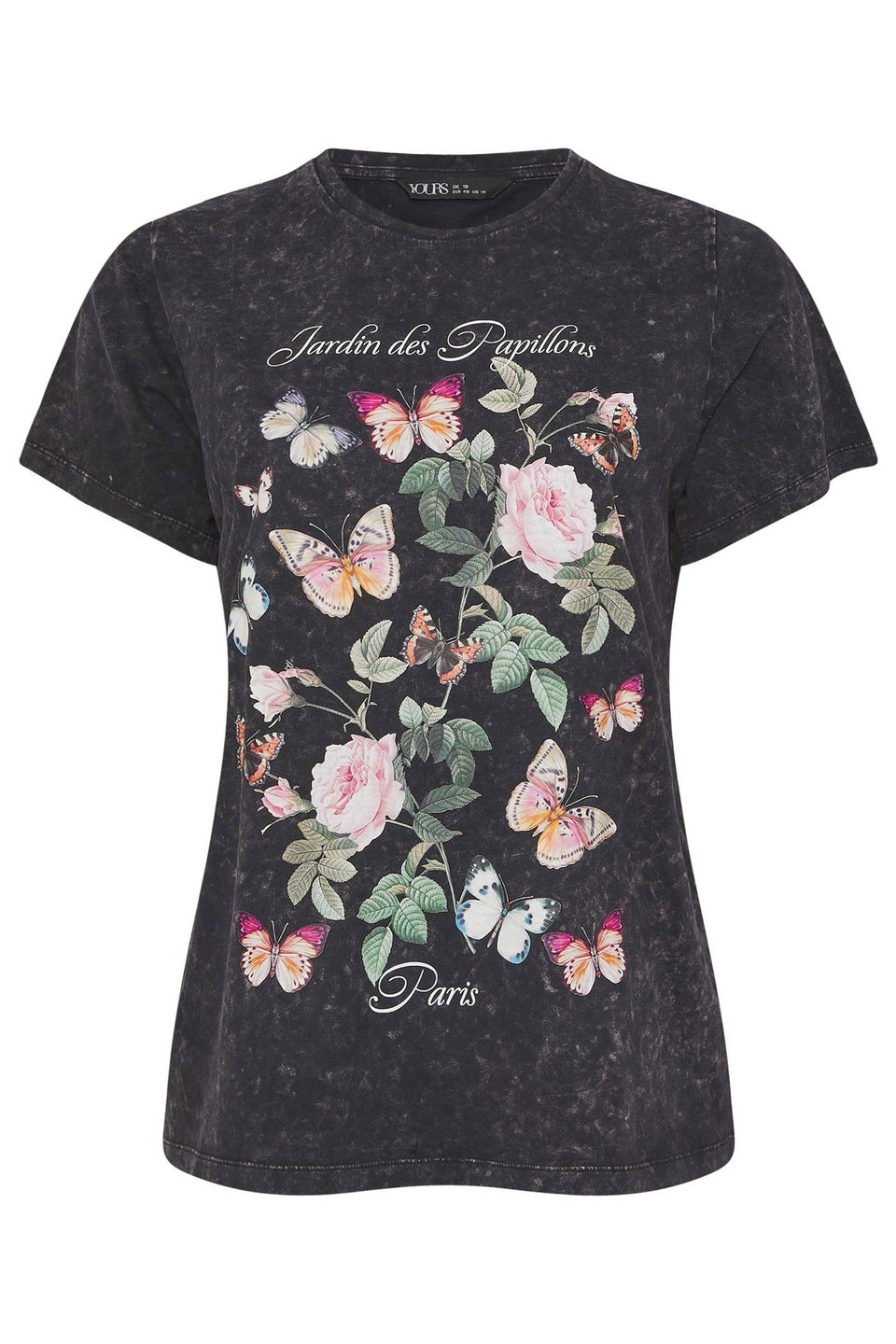 Yours Curve Grey Acid Wash Floral Slogan T-Shirt