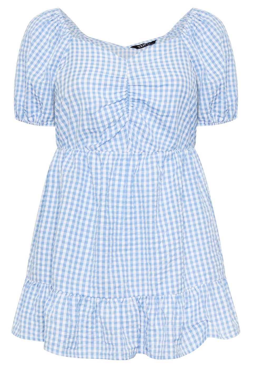 YOURS Curve Blue Gingham Ruched Peplum Top