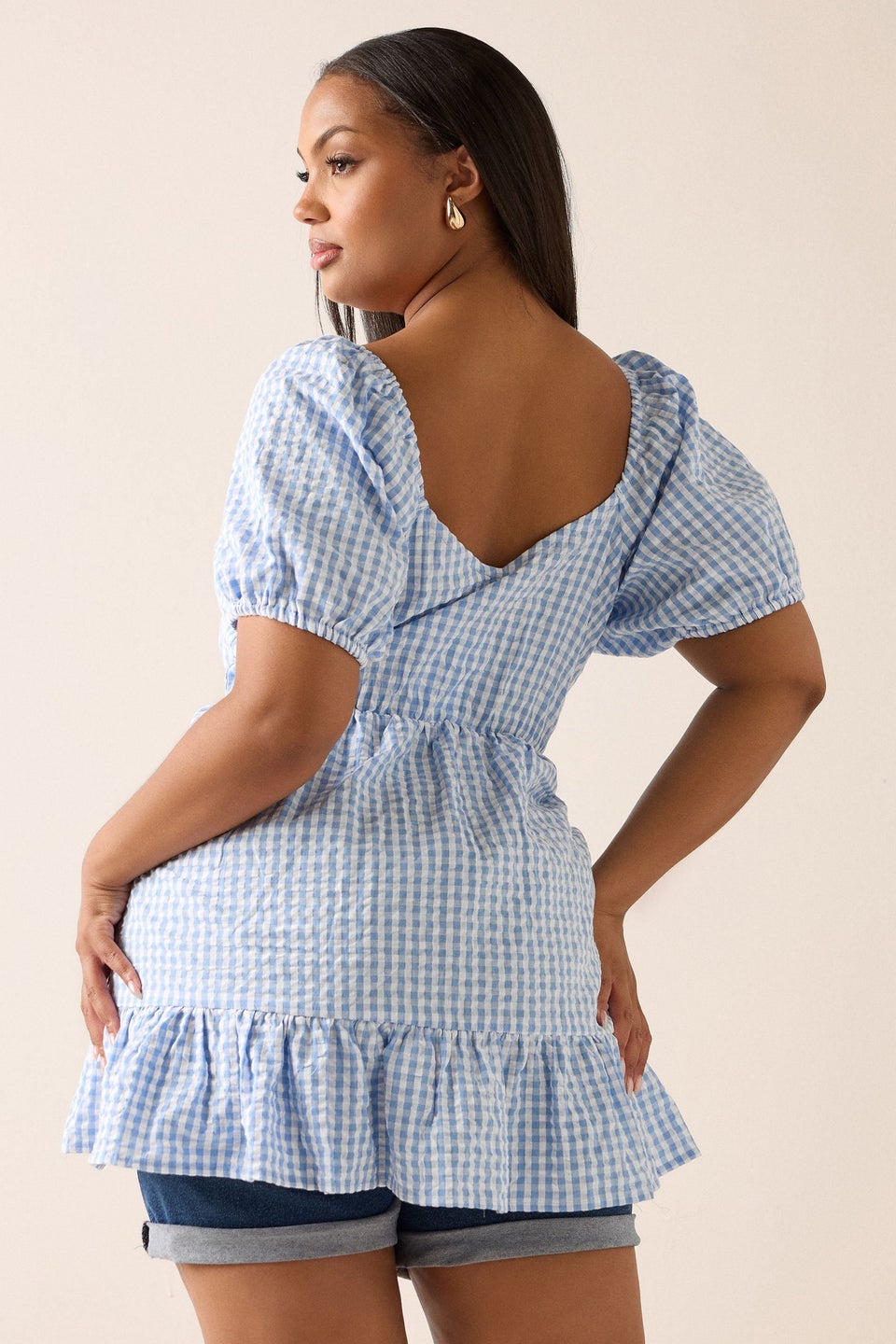 YOURS Curve Blue Gingham Ruched Peplum Top