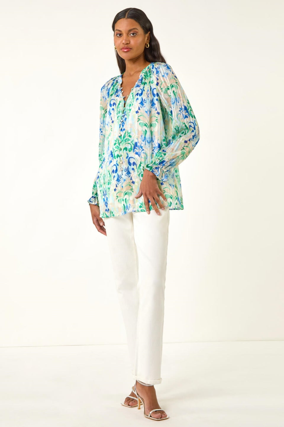 Roman Blue Printed Metallic Button Blouse