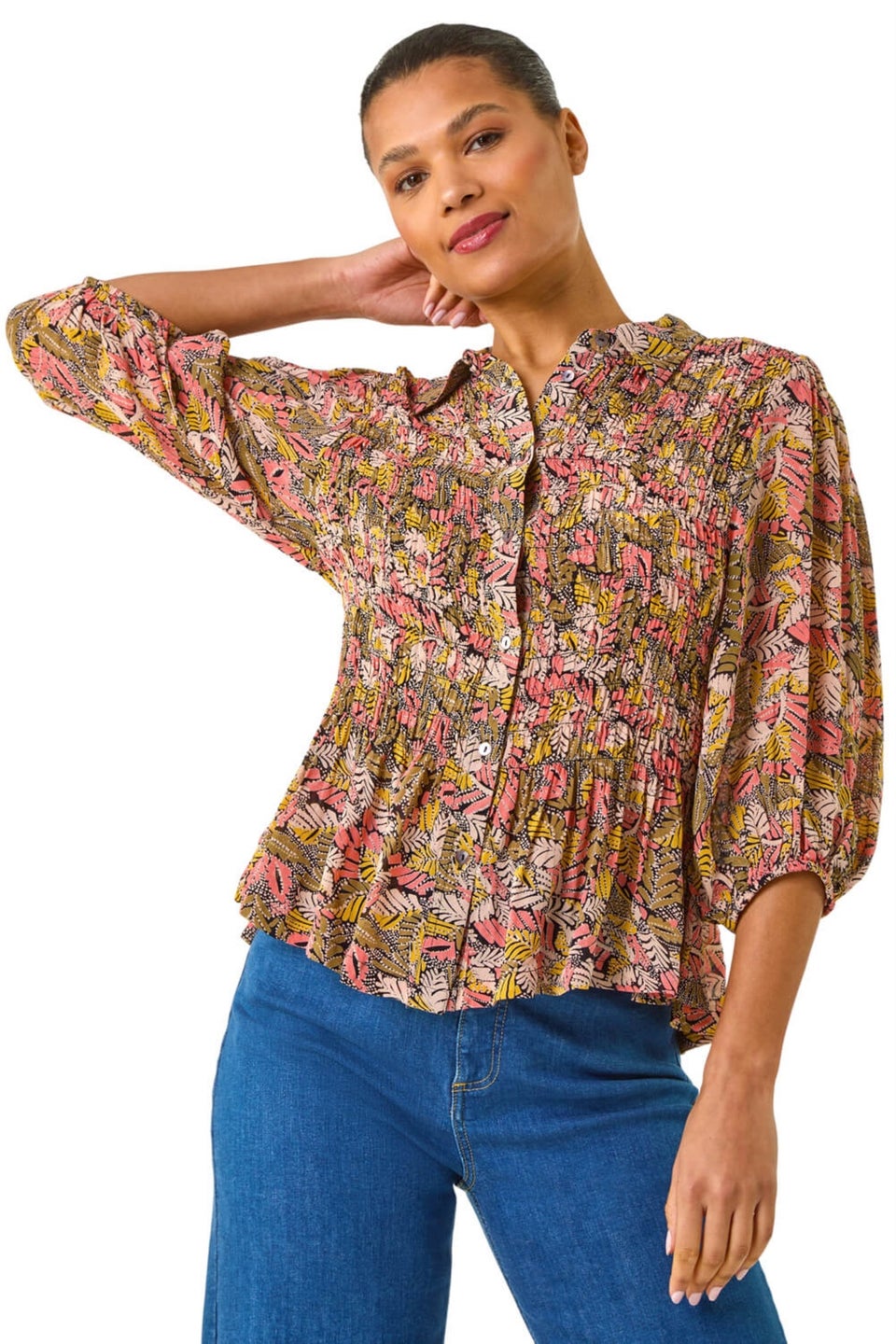 Roman Brown Shirred Printed Front Button Blouse