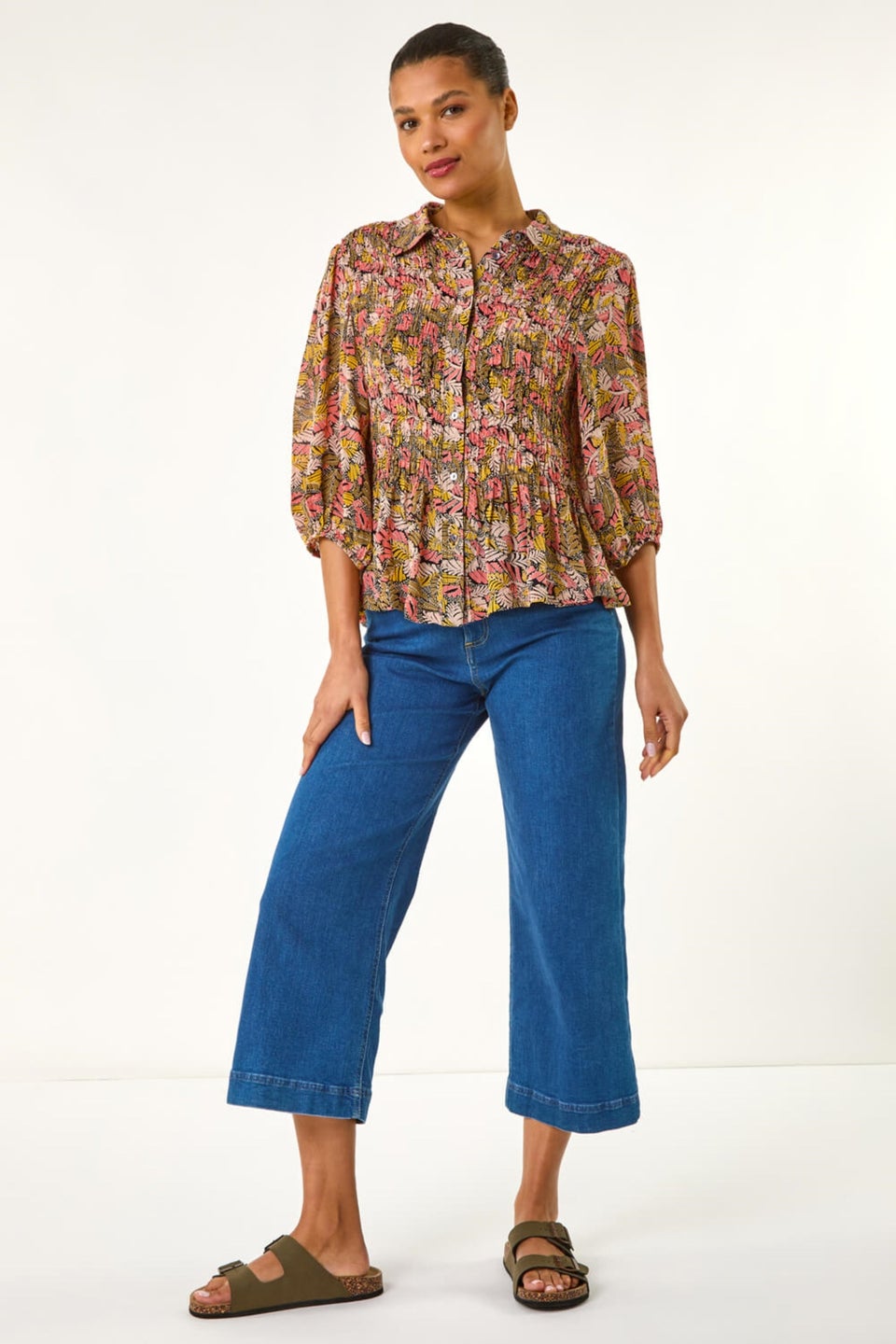 Roman Brown Shirred Printed Front Button Blouse