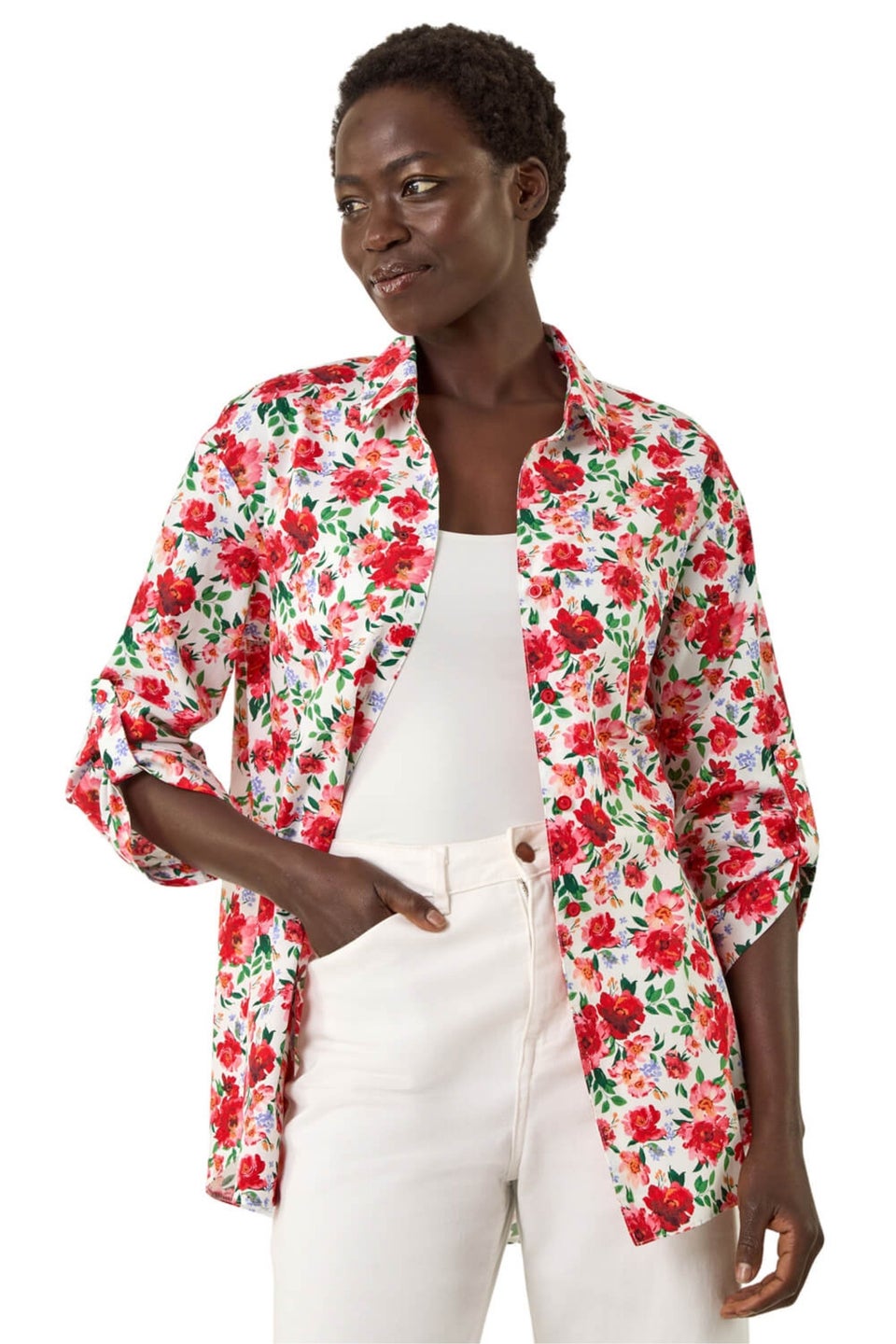 Roman Red Floral Collared Tab Sleeve Shirt