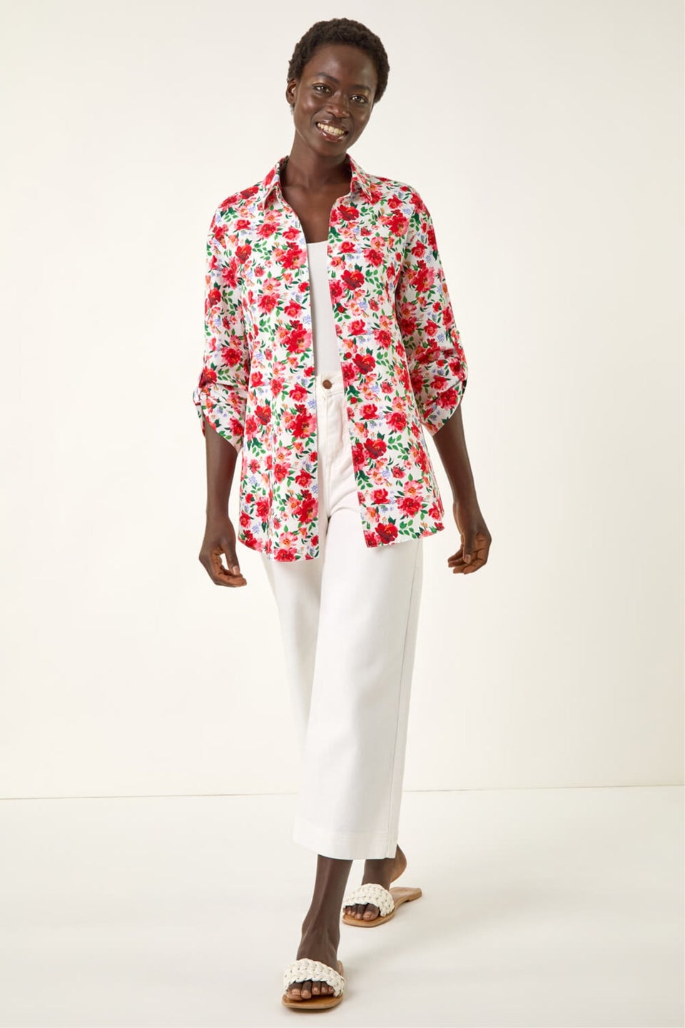 Roman Red Floral Collared Tab Sleeve Shirt