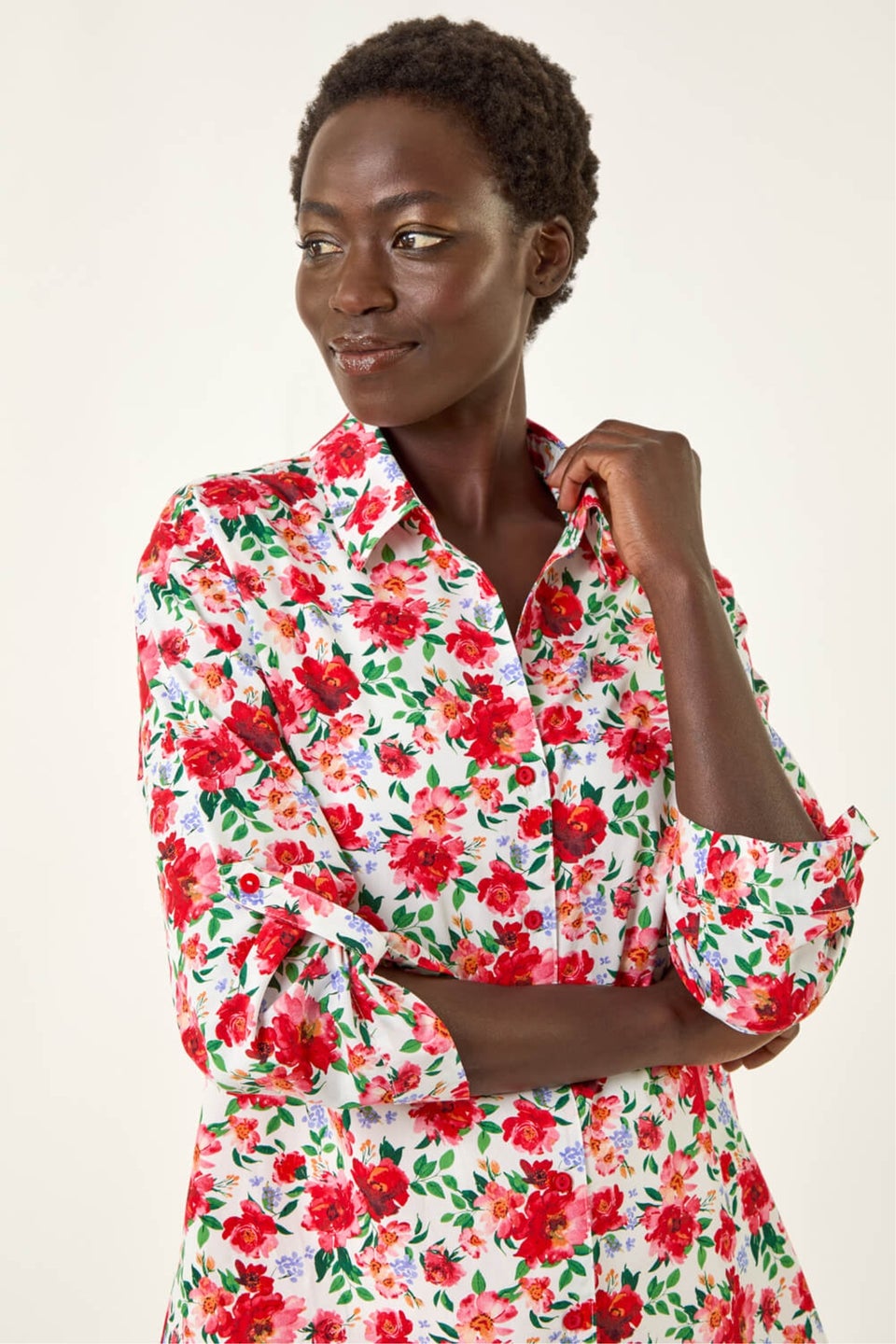 Roman Red Floral Collared Tab Sleeve Shirt