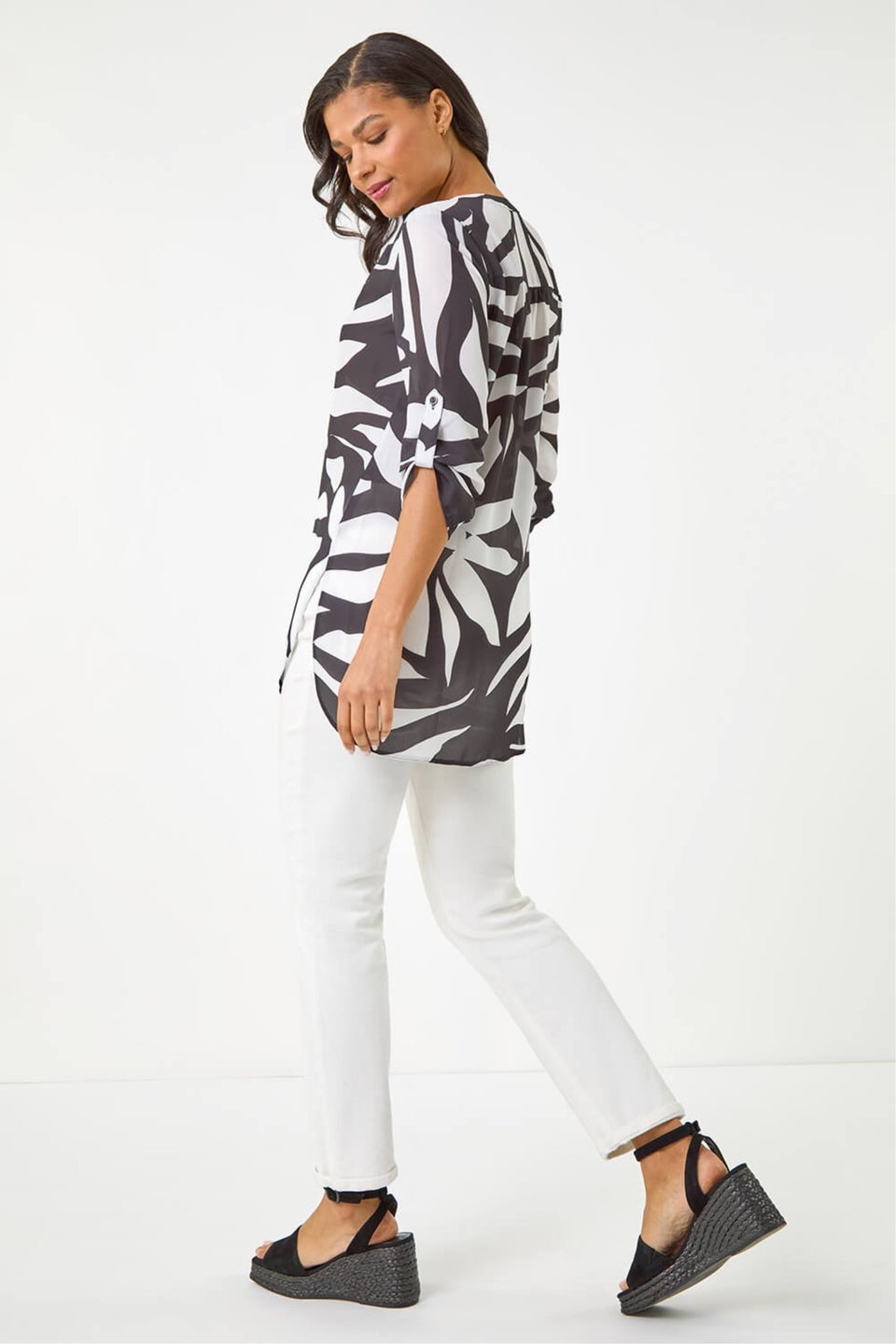 Roman Black Mono Print Button Front Blouse