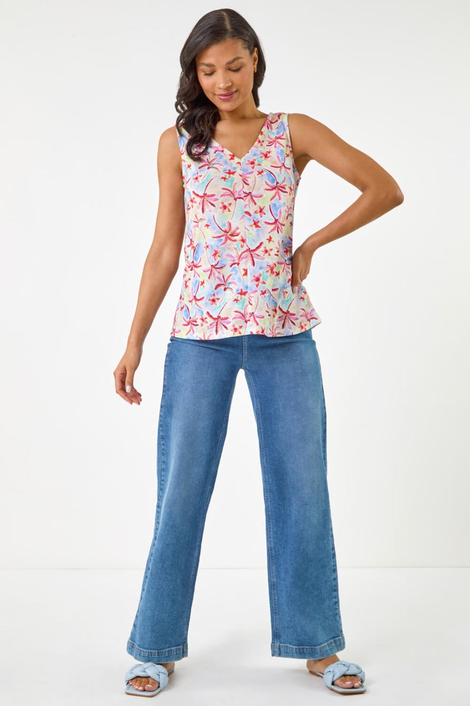 Roman Blue Floral Print Bar Back Vest Top
