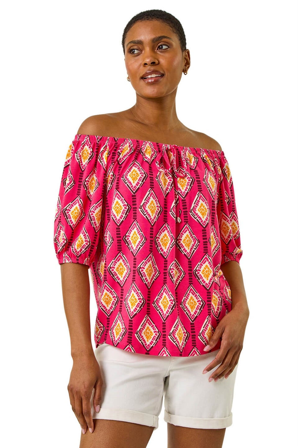 Roman Pink Printed Bardot Tie Front Stretch Top