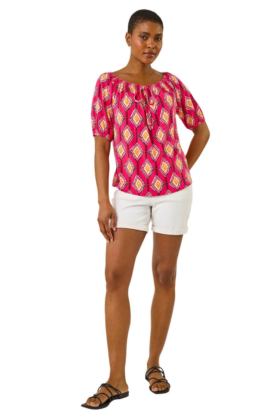 Roman Pink Printed Bardot Tie Front Stretch Top