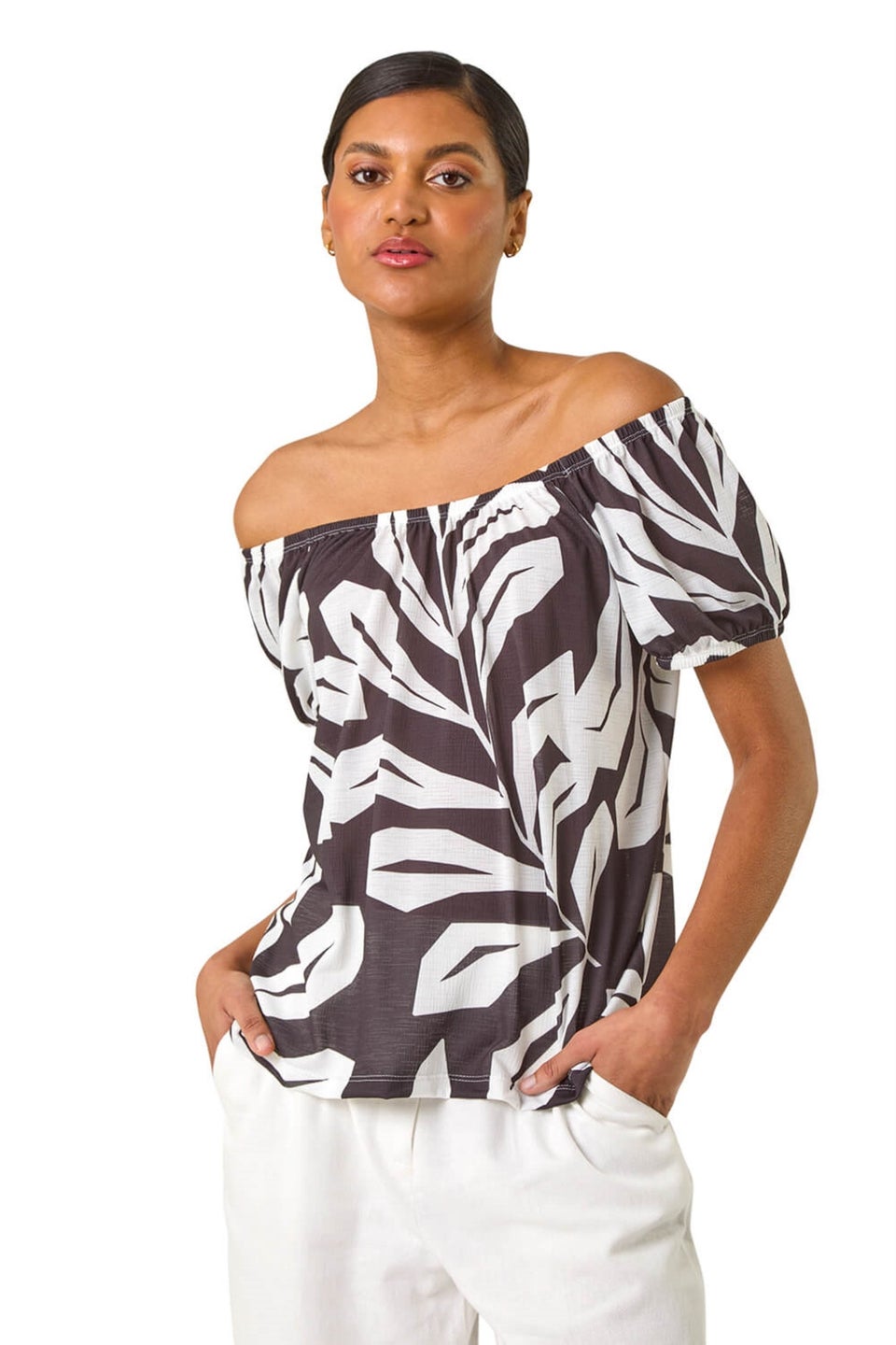 Roman Black Abstract Print Bardot Top