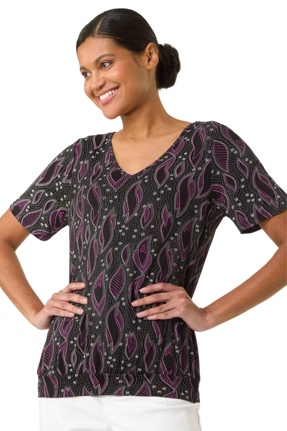 Roman Black Printed Banded Hem Stretch Top