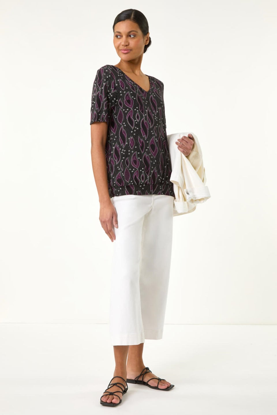 Roman Black Printed Banded Hem Stretch Top