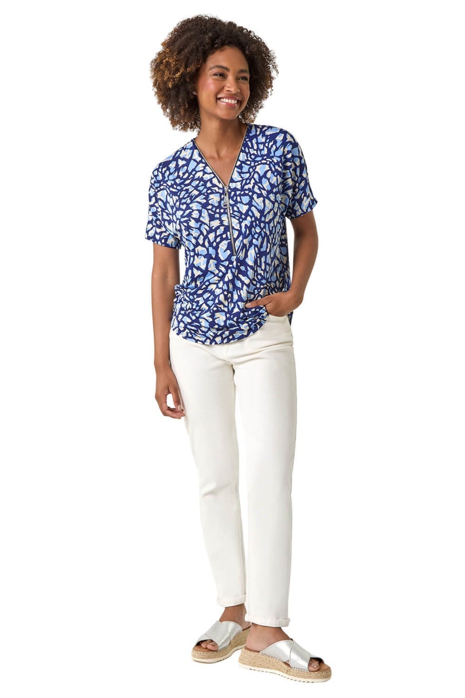 Roman Navy Abstract Print Zip Front Stretch Top