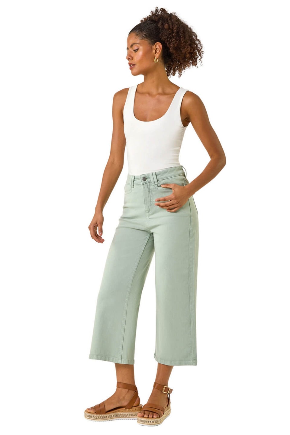 Dusk Green Denim Pocket Detail Wide Leg Culotte