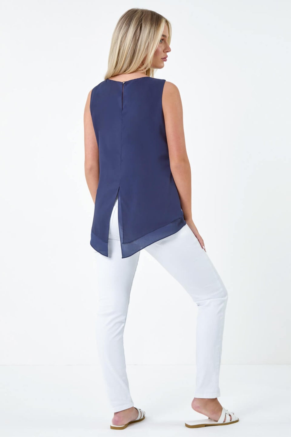 Roman Navy Petite Floral Overlay Sleeveless Top