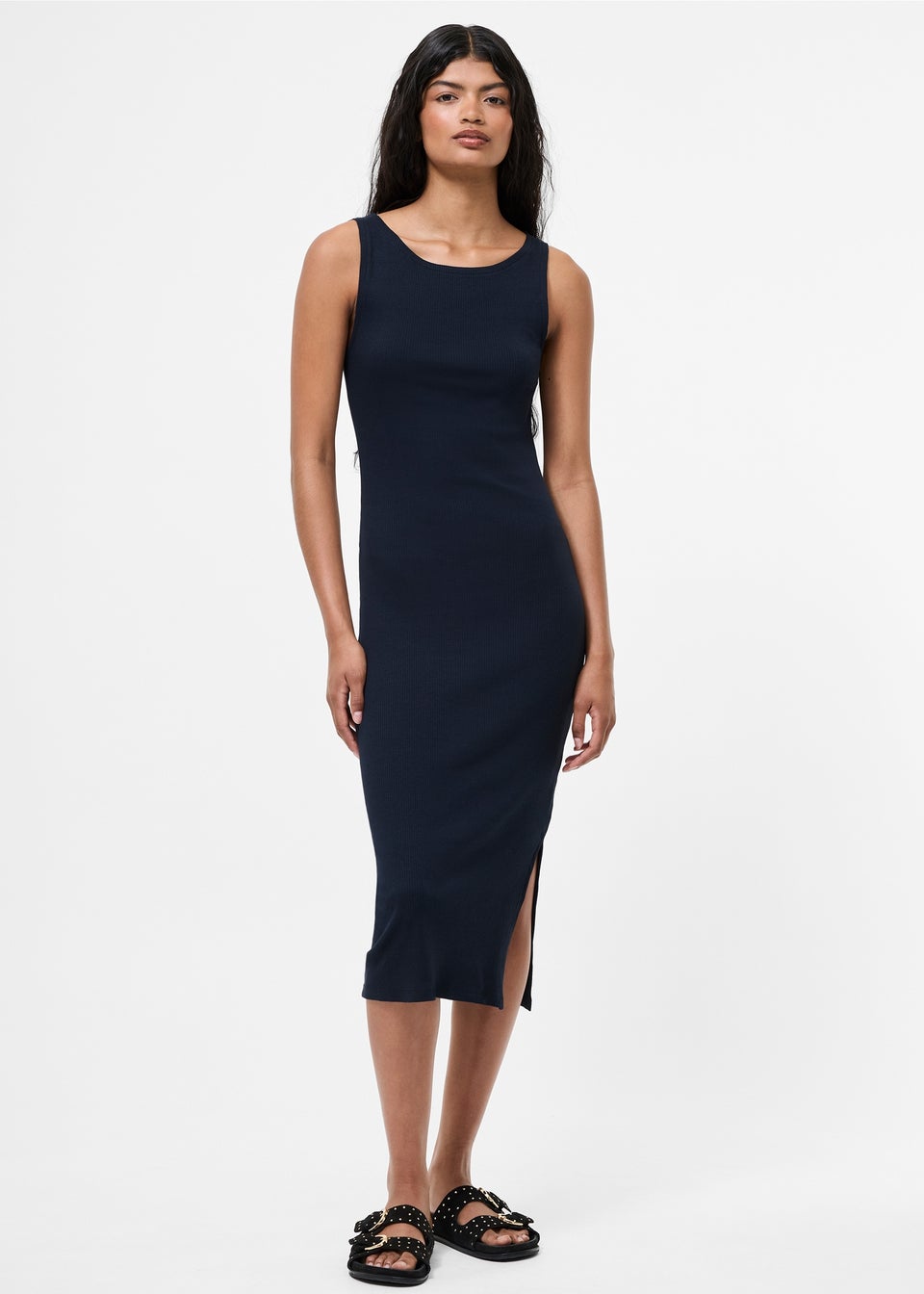French Connection Navy Cotton Ribbed Sleeveless Bodycon Midi Dress