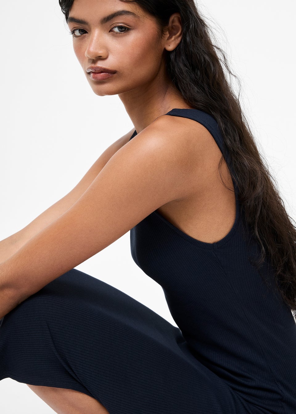 French Connection Navy Cotton Ribbed Sleeveless Bodycon Midi Dress
