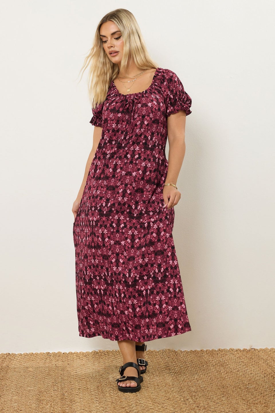 Yours Curve Pink Floral Print Textured Maxi Dress