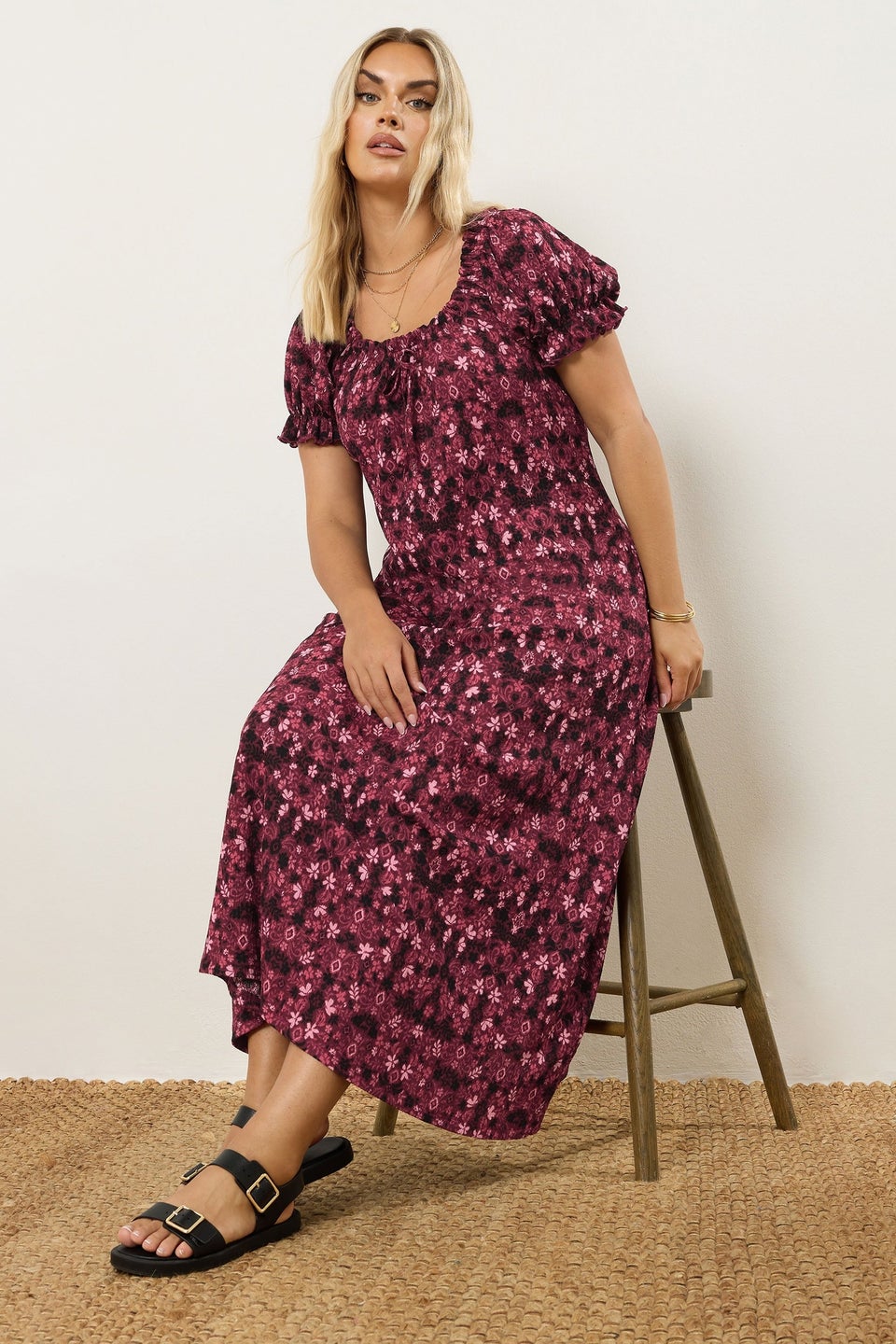 Yours Curve Pink Floral Print Textured Maxi Dress