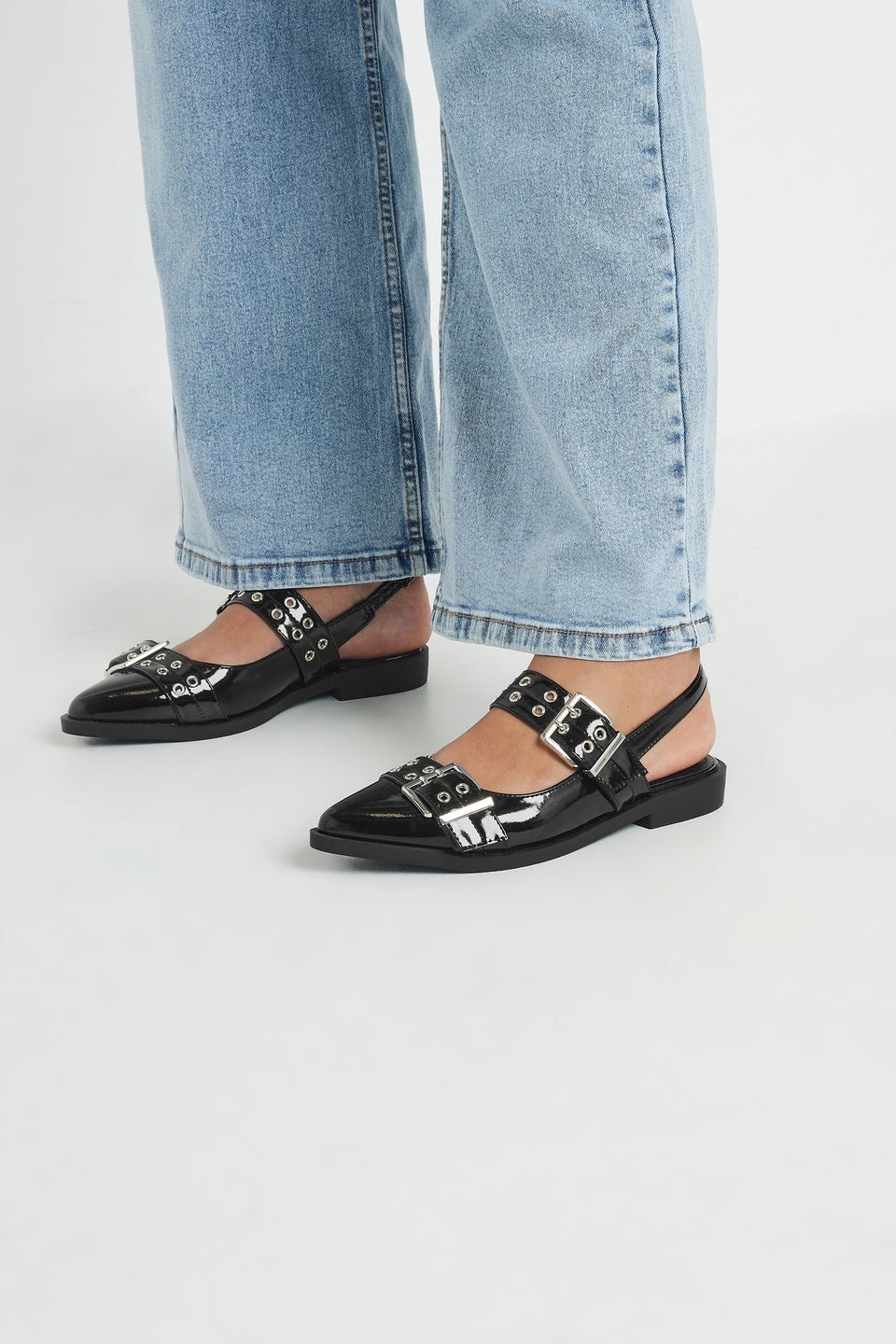 Yours Black Buckle Detail Pointed Slingback Flats In Wide E Fit