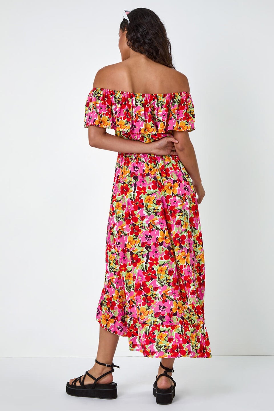 Dusk Pink Floral Print Shirred Midi Dress