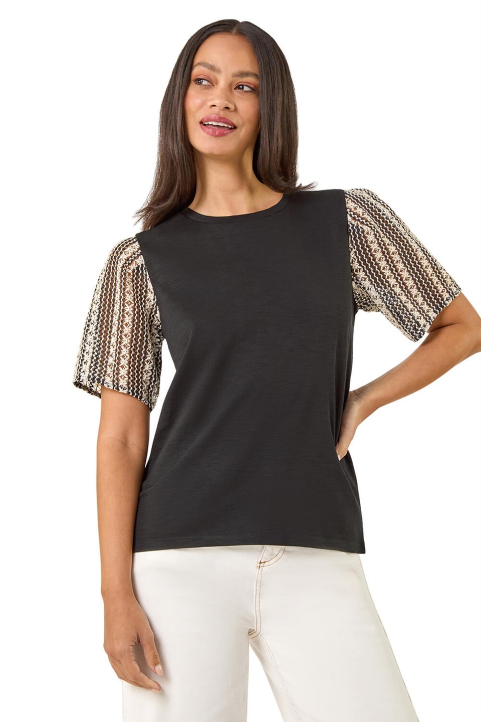 Dusk Black Contrast Crochet Sleeve Top