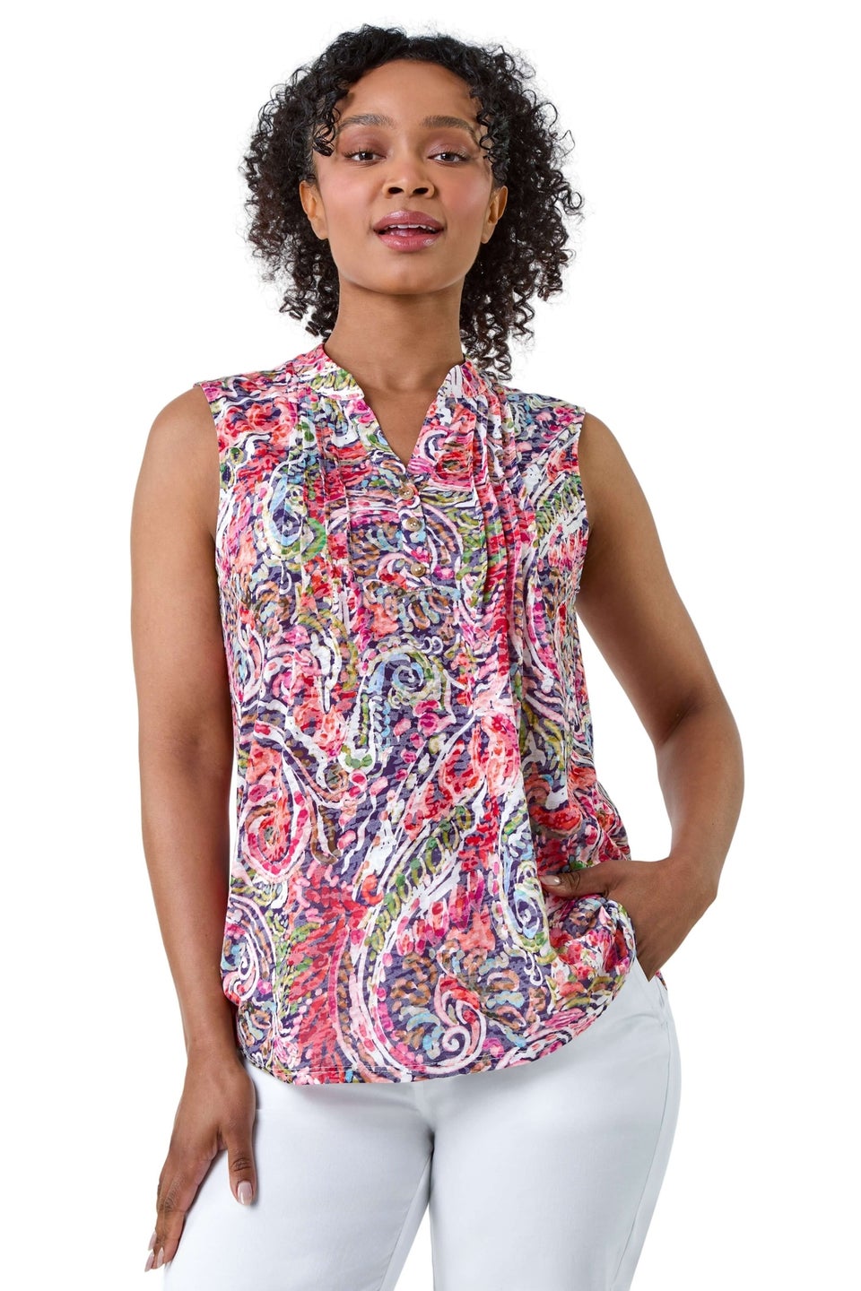 Roman Pink Petite Paisley Pleat Front Button Top