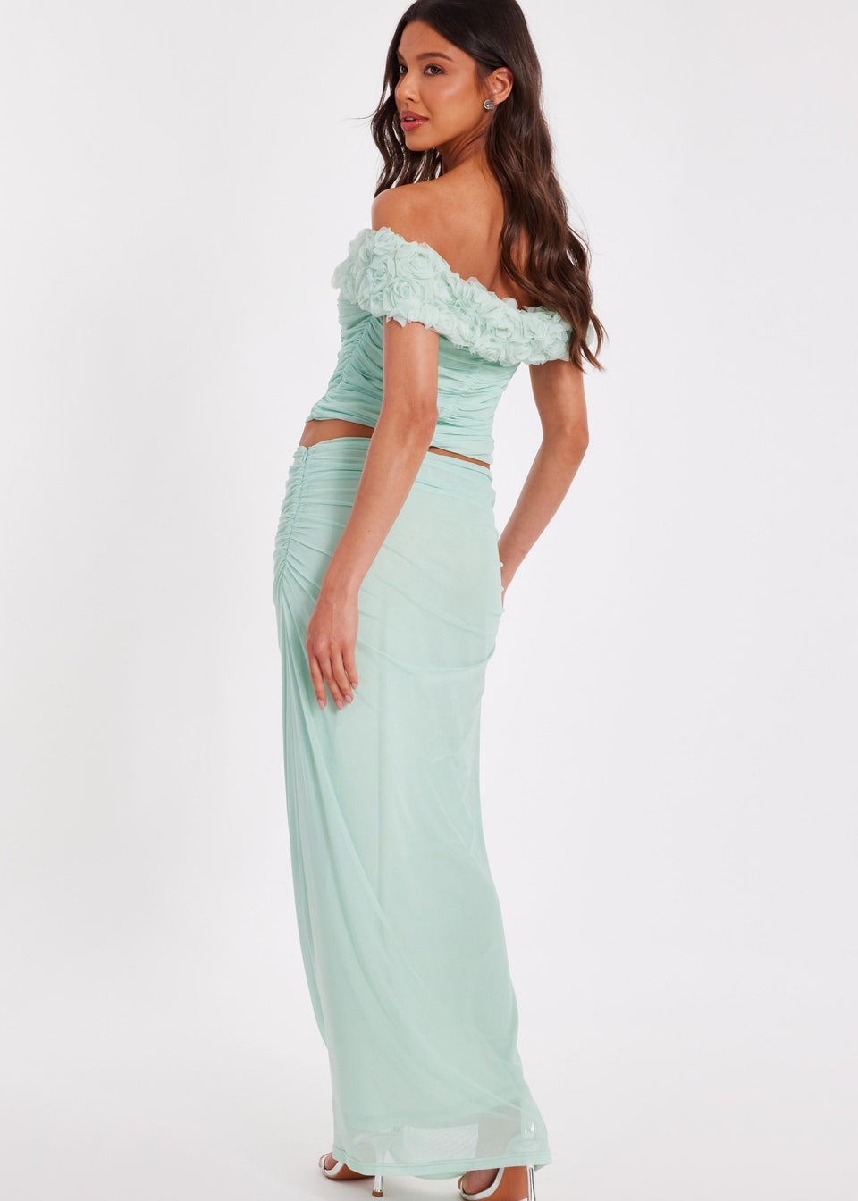 Quiz Green Mesh Ruched Midaxi Skirt
