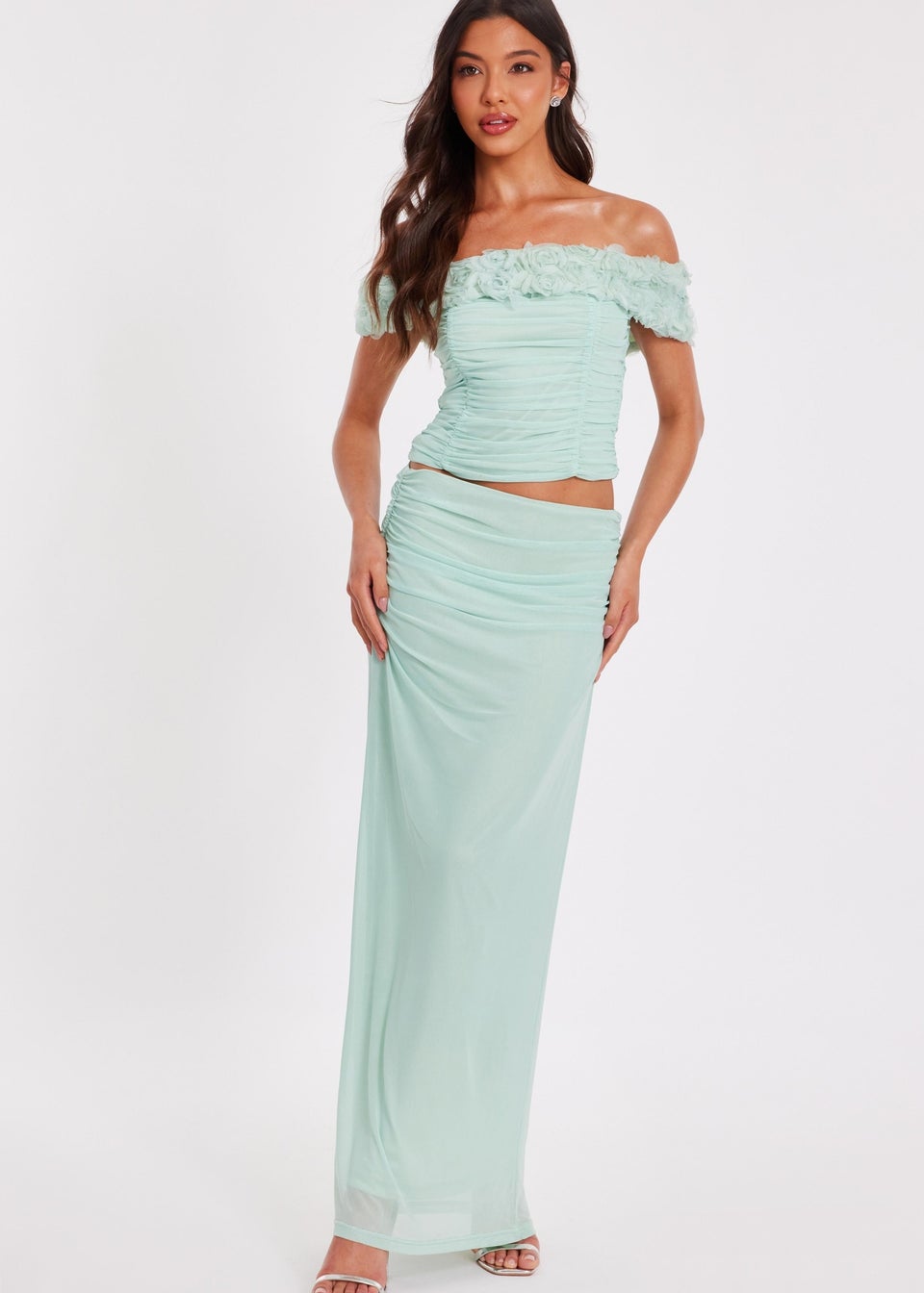 Quiz Green Mesh Ruched Midaxi Skirt