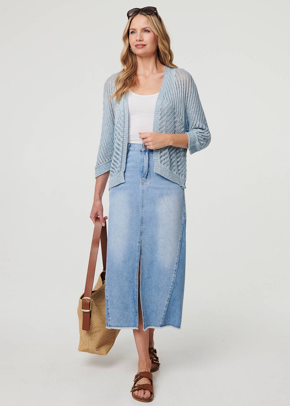 Izabel London Blue Sheer Mesh Texture 3/4 Sleeve Cardigan
