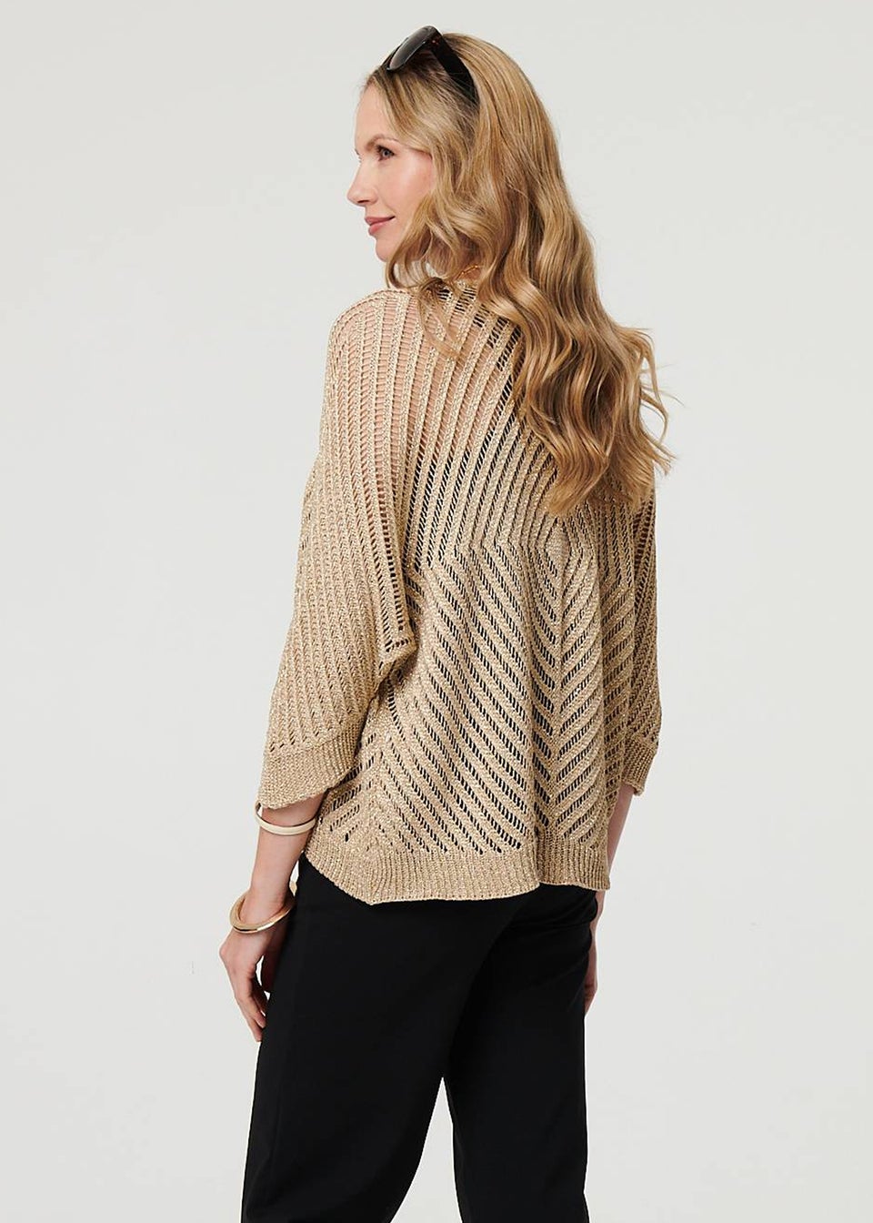 Izabel London Gold Sheer Mesh Texture 3/4 Sleeve Cardigan