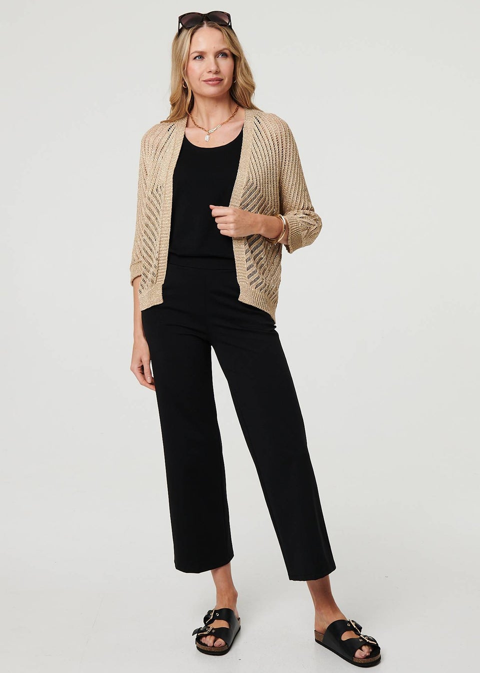 Izabel London Gold Sheer Mesh Texture 3/4 Sleeve Cardigan