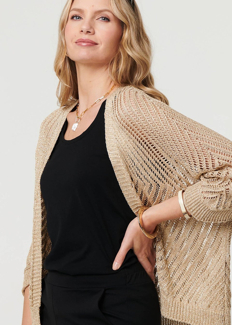 Izabel London Gold Sheer Mesh Texture 3/4 Sleeve Cardigan