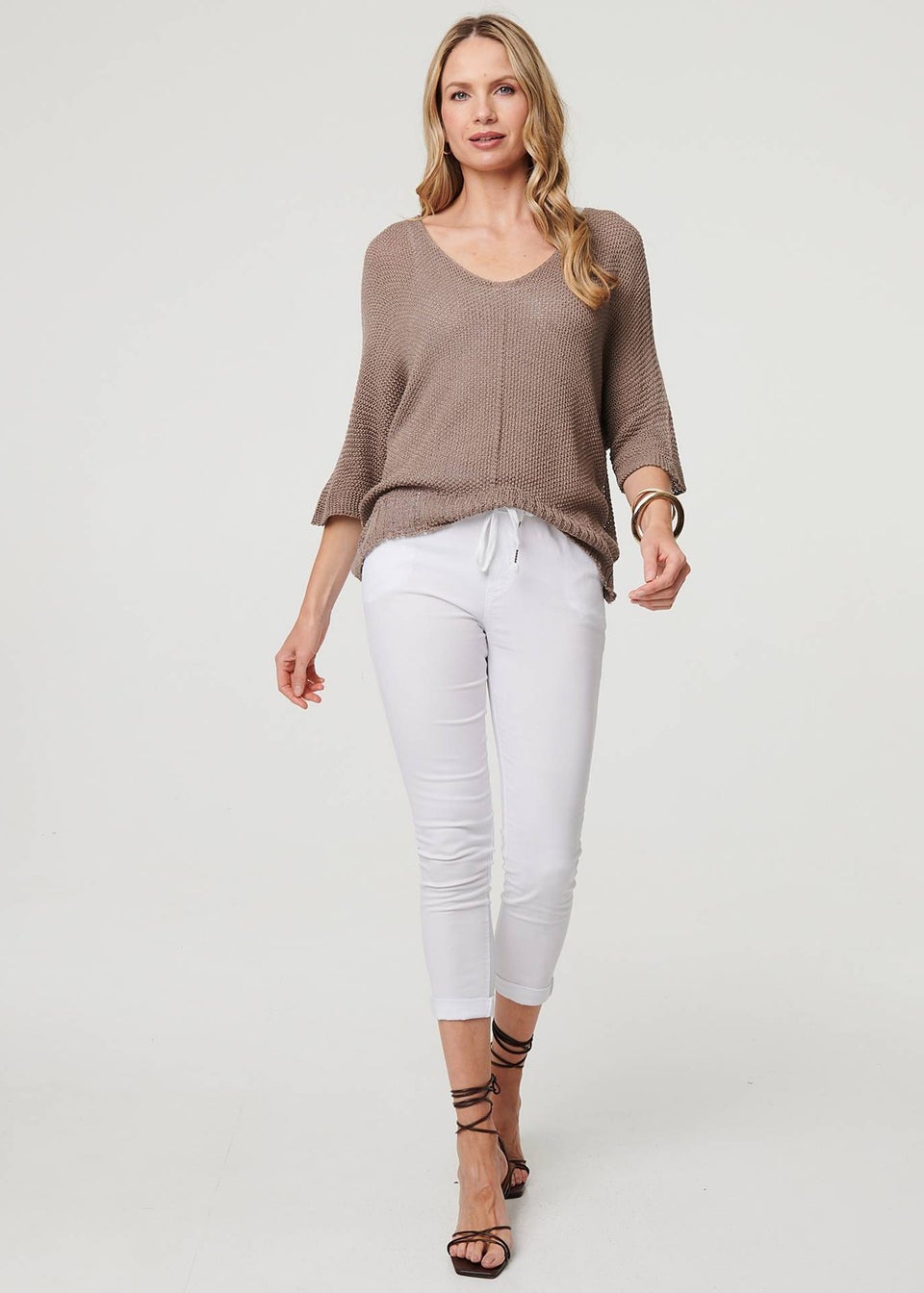 Izabel London Brown Sheer Mesh Texture 3/4 Sleeve Jumper