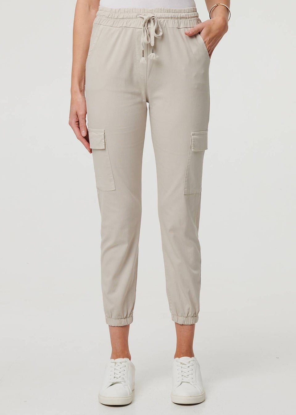 Izabel London Cream High Waist Slim Fit Cropped Cargo Pants