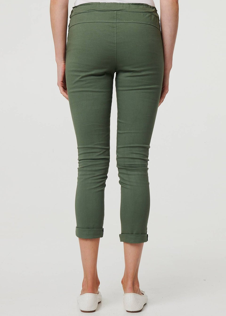Izabel London Khaki Tie Waist Slim Cropped Trousers