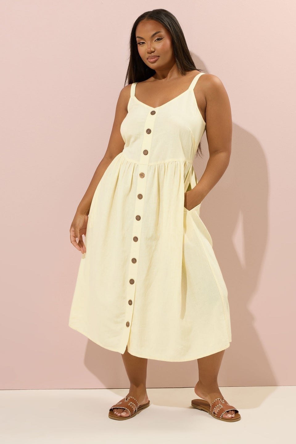 Yours Curve Butter Yellow Linen Strappy Sundress