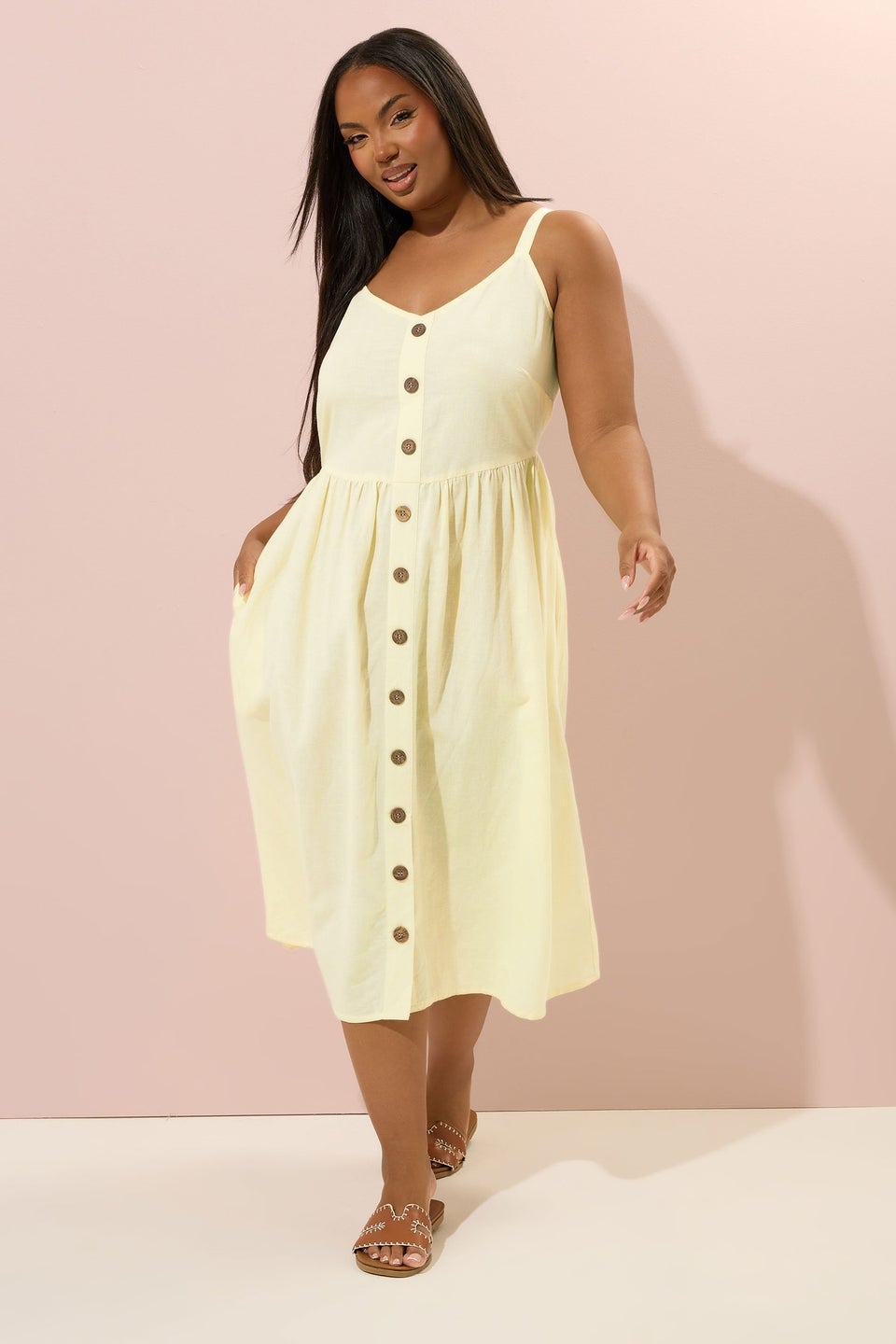 Yours Curve Butter Yellow Linen Strappy Sundress