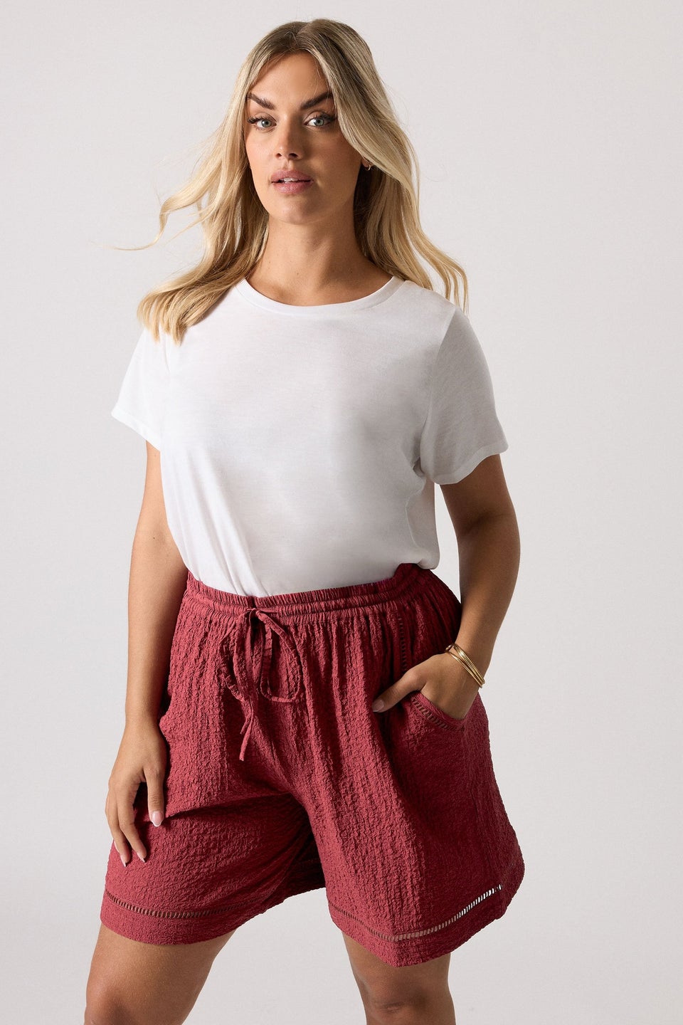 Yours Curve Dark Red Crochet Trim Shorts