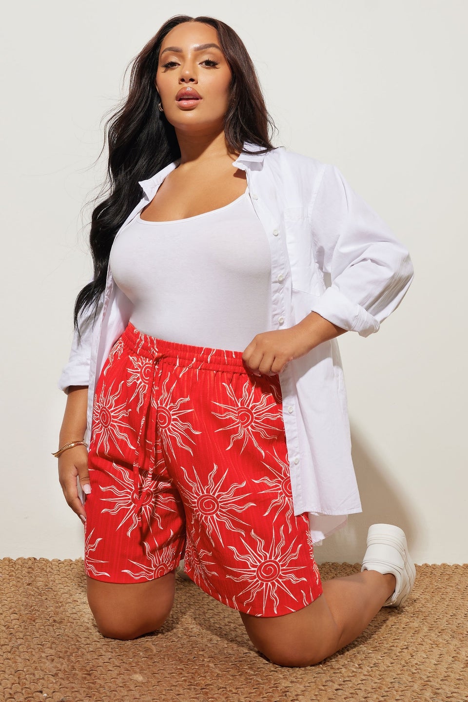 Yours Curve Red Textured Sun Print Shorts