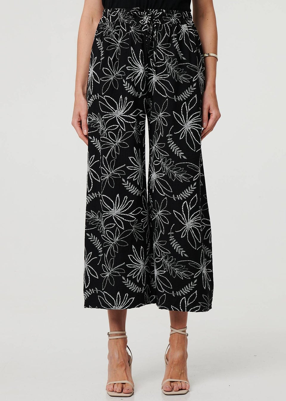 Izabel London Black Floral High Waist Wide Leg Trousers