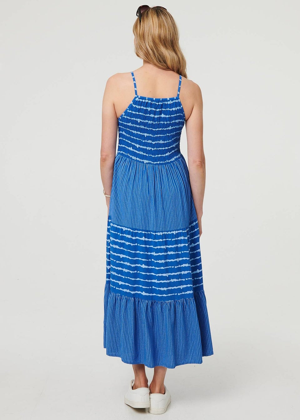 Izabel London Blue Striped Ruched Texture Tiered Midi Dress