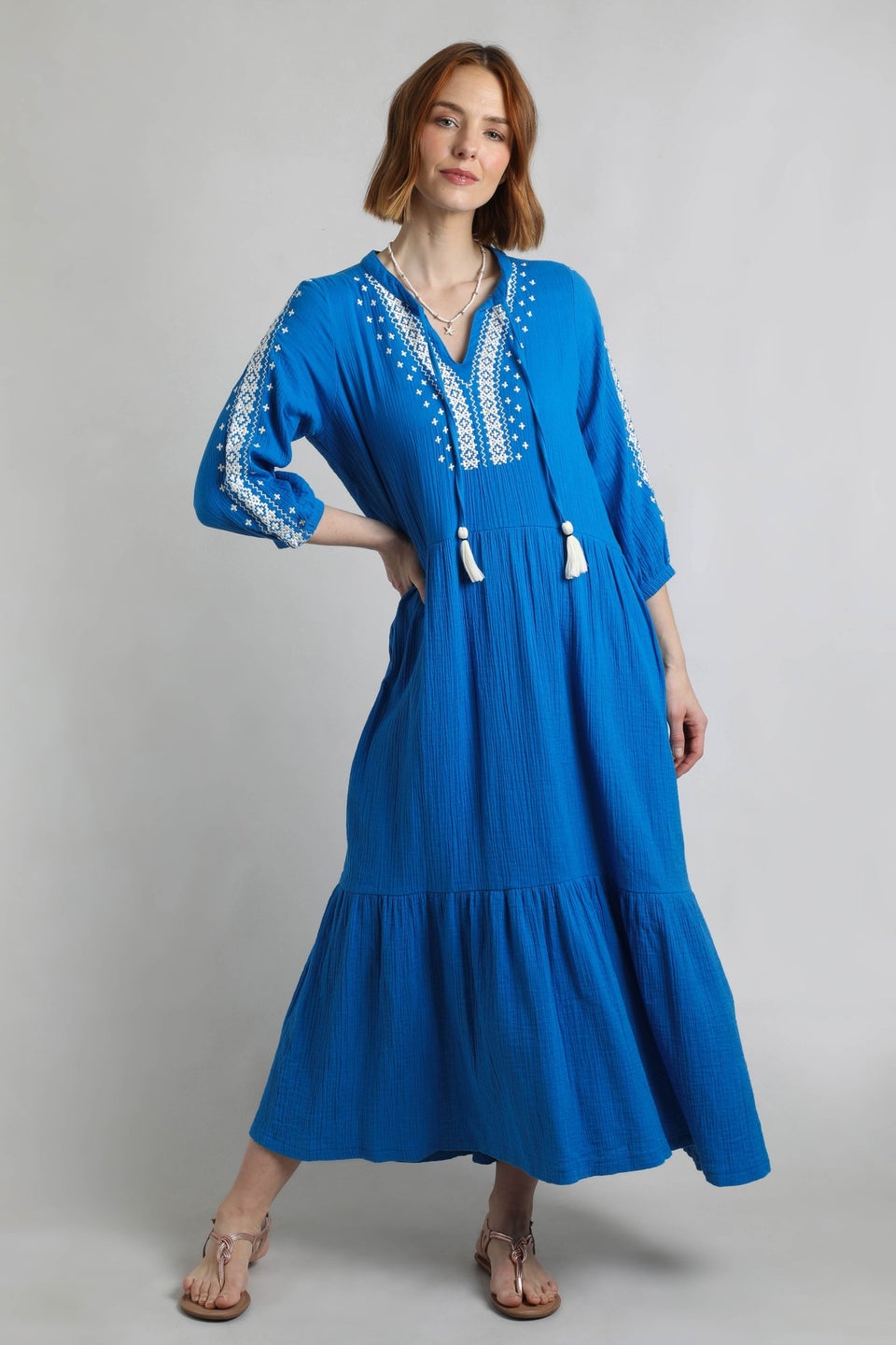 Weird Fish Adriatic Blue Arles Embroidered Double Cloth Dress
