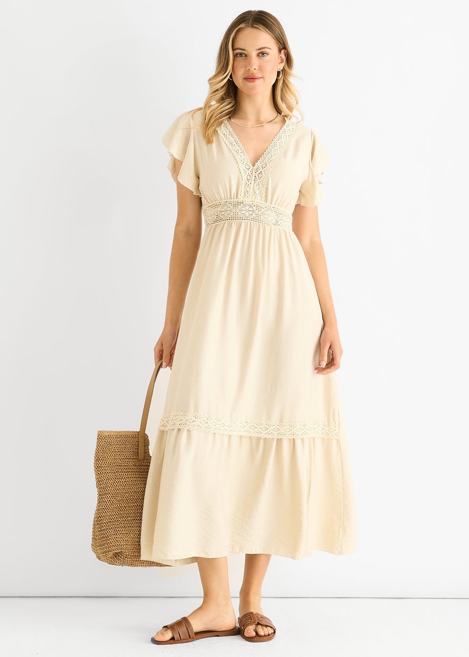 Gini London Beige Crochet Lace Panel Elasticated Waist Midi Dress