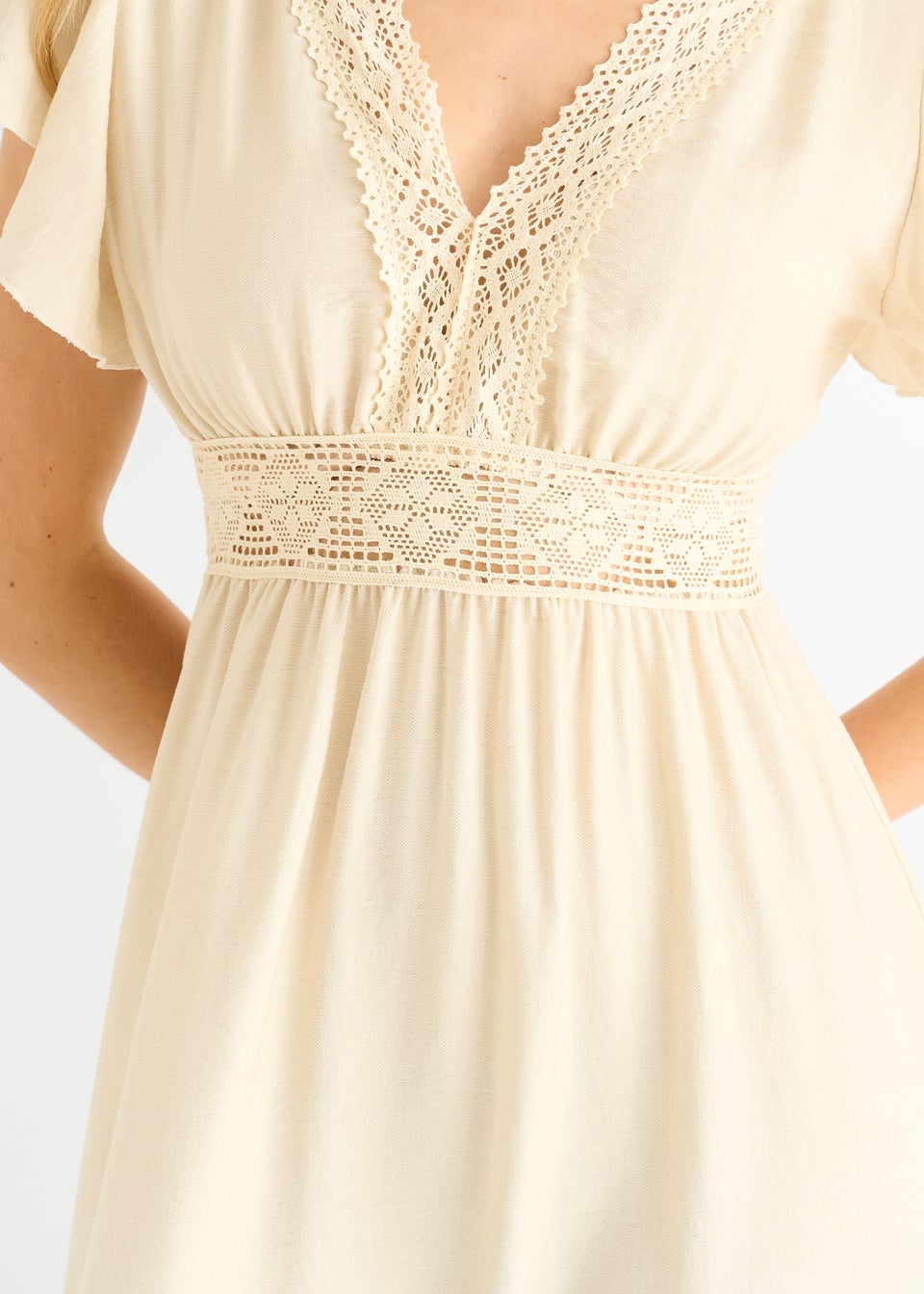 Gini London Beige Crochet Lace Panel Elasticated Waist Midi Dress