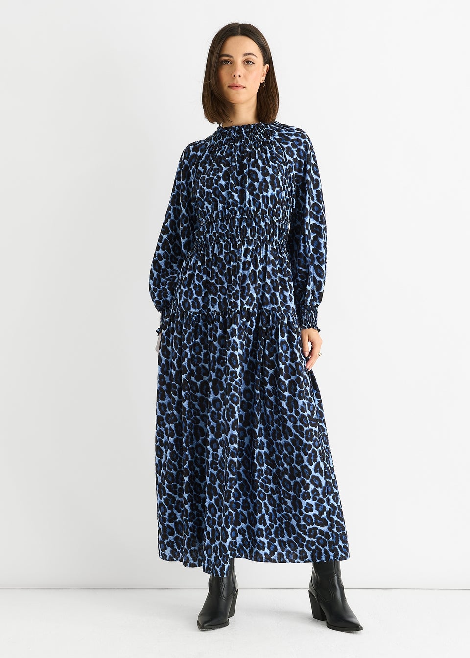 Gini London Blue Animal Print Shirred High Neck Maxi Dress