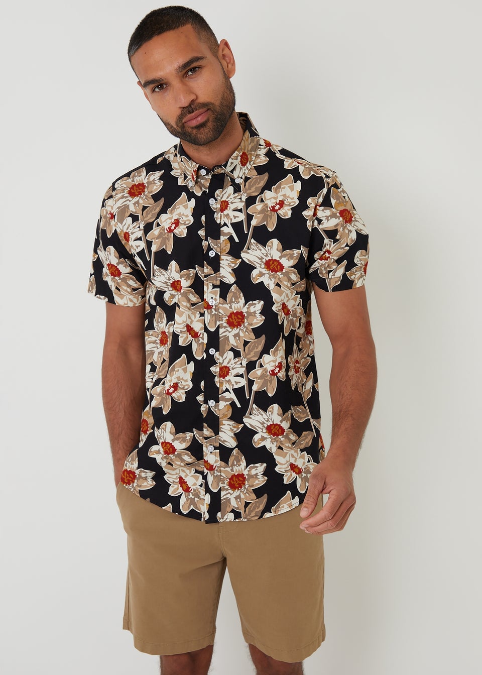 Threadbare Black Cotton Floral Print Short Sleeve Shirt
