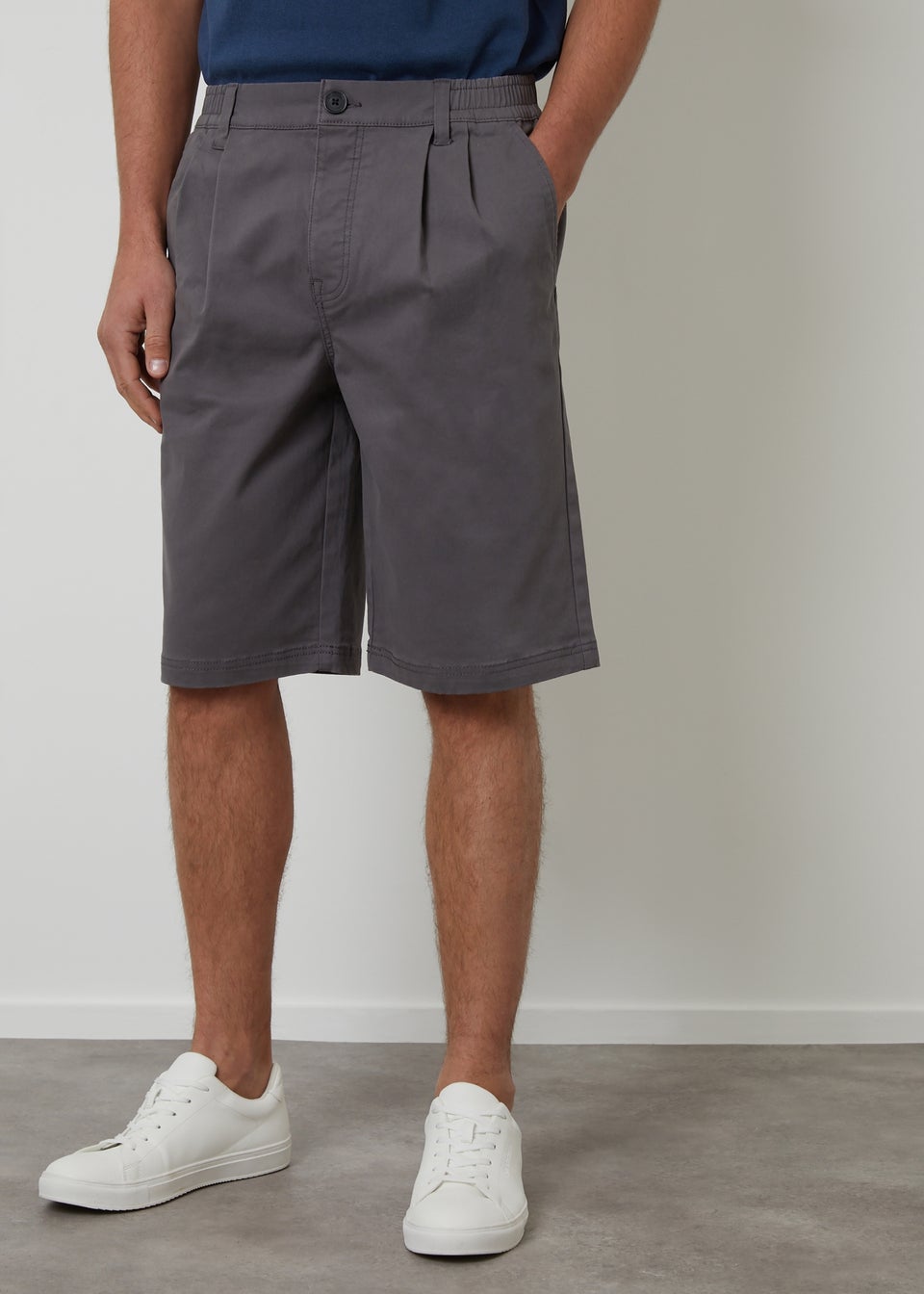 Threadbare Dark Grey Pleated Relaxed Fit Stretch Chino Shorts