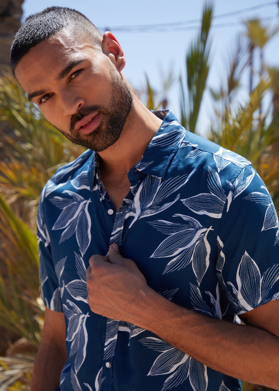 Threadbare Navy Foliage Leaf Print Short Sleeve Shirt
